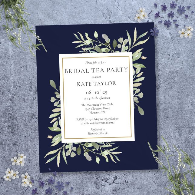 Marinho Verde Azul Bridal Festa de Chá do Orçament (Budget Greenery Navy Blue Bridal Tea Party Invite)