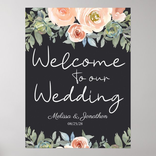 Marinho Verde Peach Pastel Floral Weding Poster (Frente)
