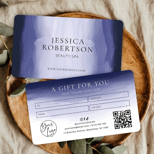 Marinho Watercolor Hair Salon Spa Gift (Elegant navy blue watercolor business gift voucher with your logo, QR code and contact details)