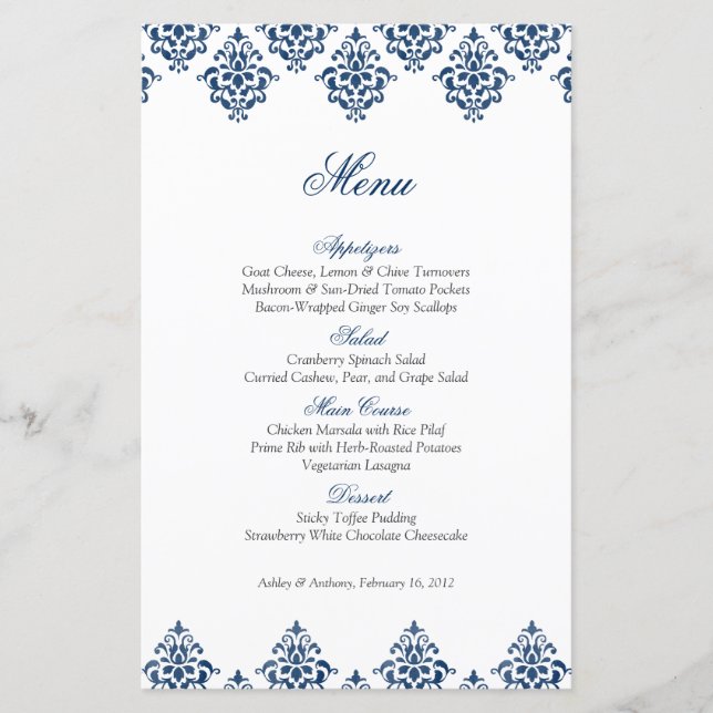 Marinho White Damask Arabesque Wedesque Menu Card (Frente)
