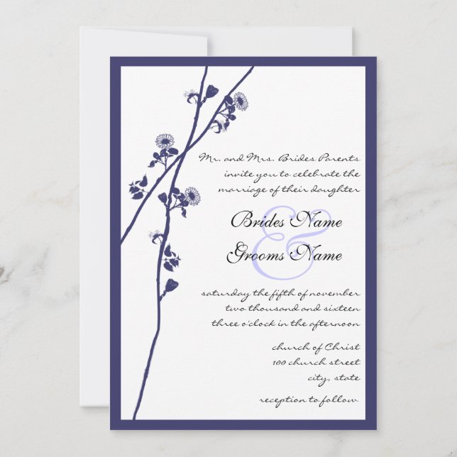 Marinho Wild Flower Branches Convite de Casamento (Verso)
