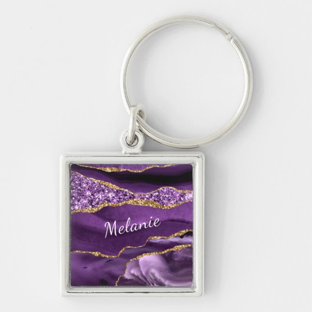Mármaco Dourado Roxo Seu Nome Chaveiro de Presente (Frente)