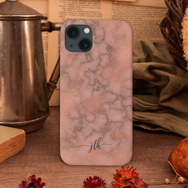 Mármore e metálico de Rosa de Femiknina com Monogr (Modern styling in this feminine iPhone case to personalize with your monogram initials.)