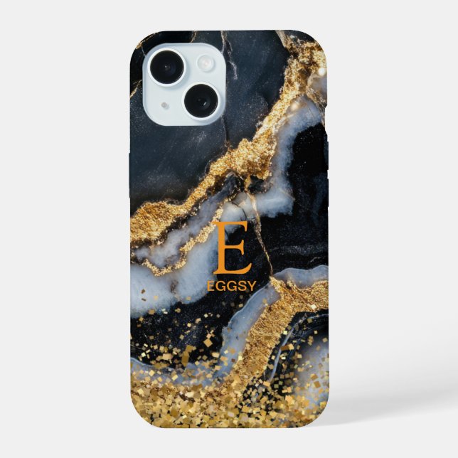 Mármore preto chic monograma com brilho dourado (Verso)