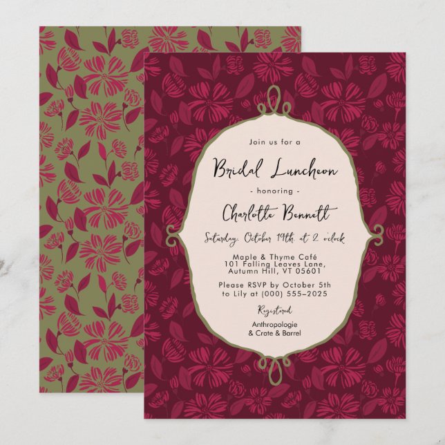 Maroon Autumn Floral Bridal Luncheon Convite (Frente/Verso)