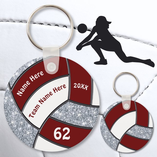 Maroon, Chaveiros Brancos de Voleibol Prateado Bar (Girls Personalized, Volleyball Souvenirs. Cheap Maroon, White and Silver, Volleyball party favors. )