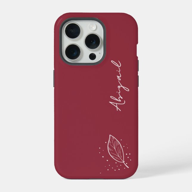 Maroon Red, White Name, Minimalist Leaf and Dots ( (Verso)