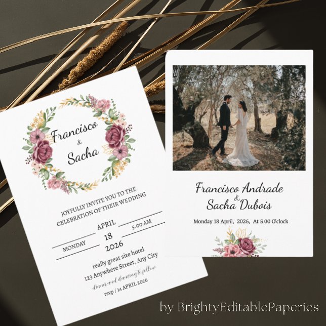 Maroon Wreath flower Weding The Date Card (Criador carregado)