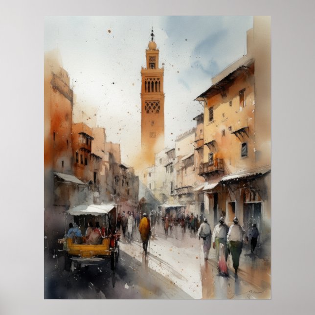 Marrakech Marrocos Watercolor Art Impressão (Frente)