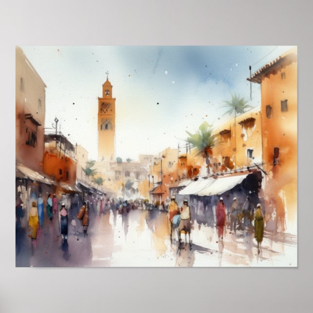 Marrakech Marrocos Watercolor Art Impressão (Frente)