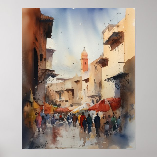Marrakech Marrocos Watercolor Art Impressão (Frente)
