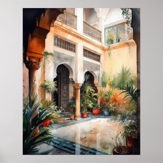 Marrakech Riad Marrocos Watercolor Art Impressão (Frente)
