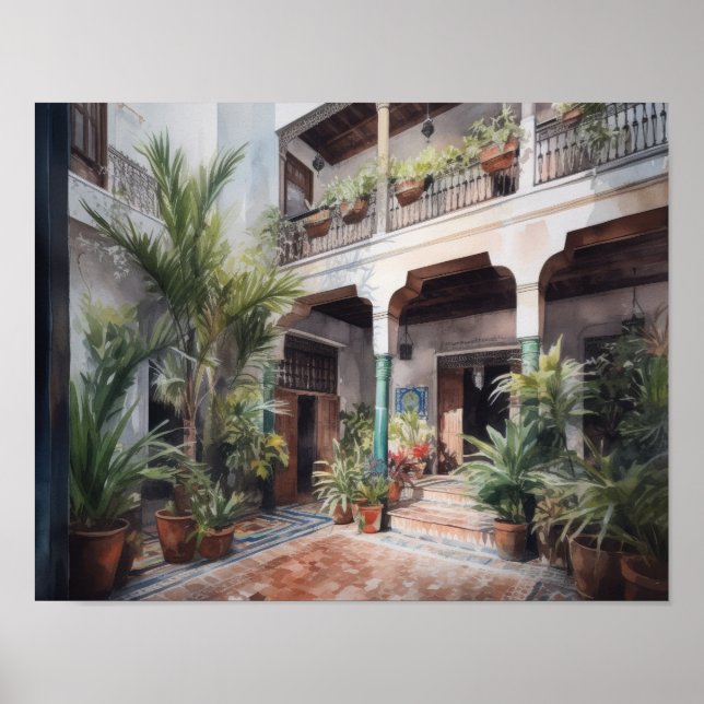 Marrakech Riad Watercolor Art Impressão (Frente)