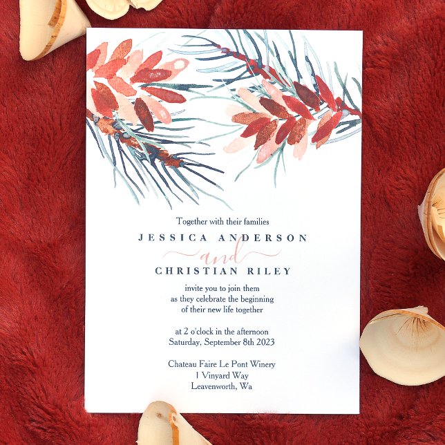 Marrom Pine Cones, Agulhas De Pinheiro Convites De (winter pinecones, pine needles wedding invitations, terracotta, pink, brown wedding color palette )