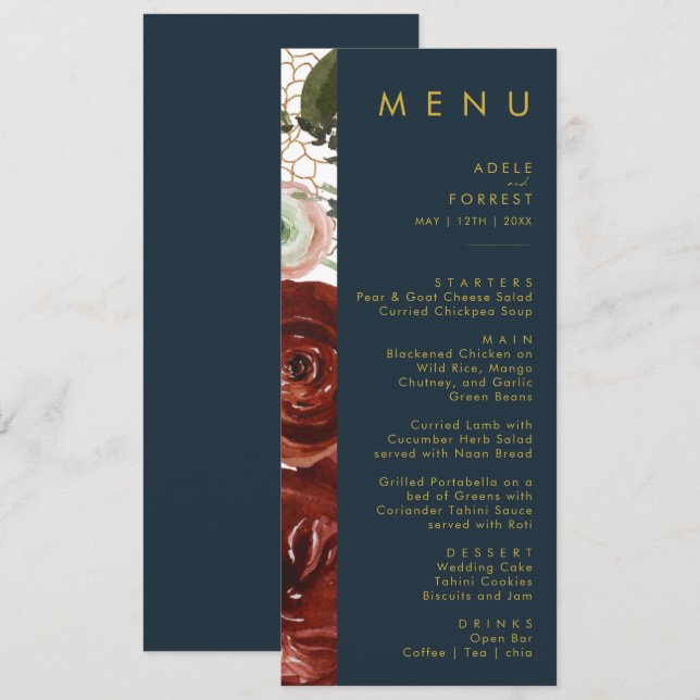 Marsala Autumn Floral | Menu de Janto de Casamento (Frente/Verso)