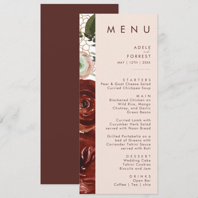Marsala Autumn Floral | Menu Janto Blush Wedding (Frente/Verso)