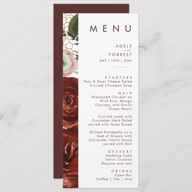 Marsala Autumn Floral | Menu Janto Casamento Branc (Frente/Verso)
