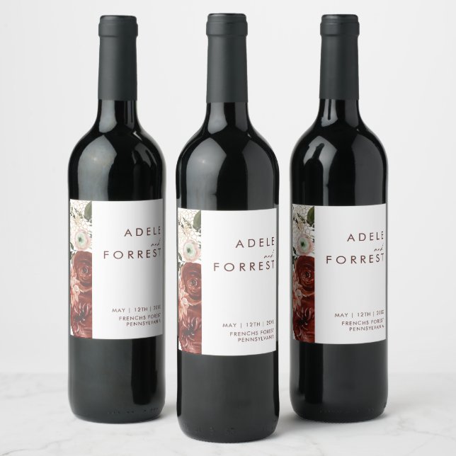 Marsala Autumn Floral | Rótulo de Vinho de Casamen (Garrafas)