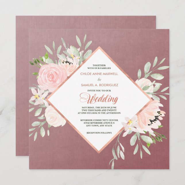 Marsala Blush Rosa Floral Frame Casamento Convite (Frente/Verso)