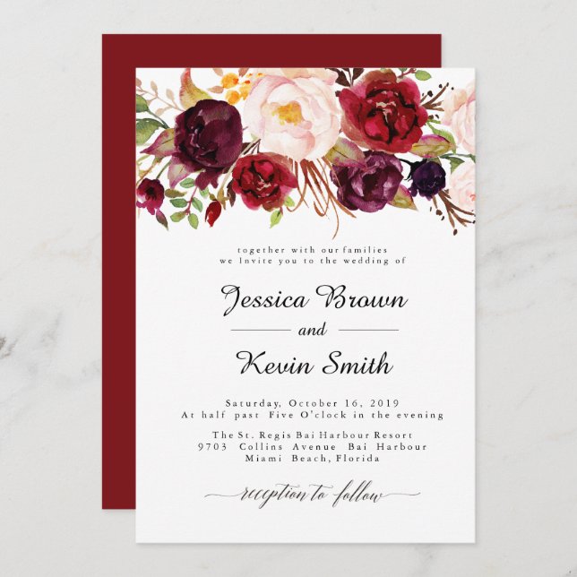 Marsala Burgundy Convite Floral Para Casamento-2 (Frente/Verso)