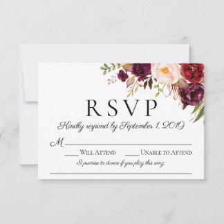 Marsala Floral Wedding RSVP Cartões com Música Esc