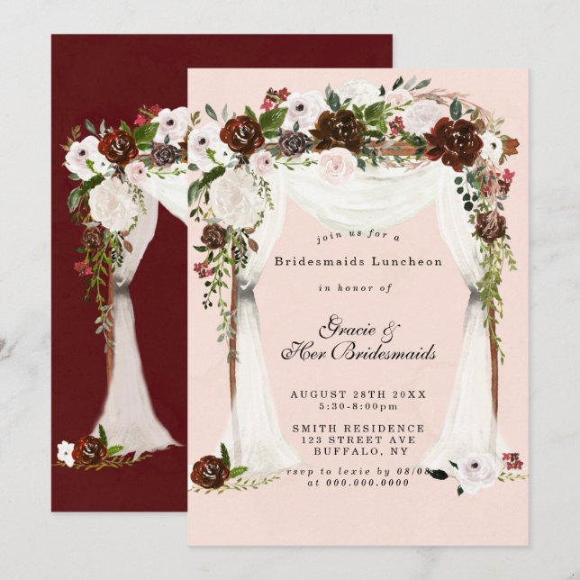 Marsala Pink Canopy Bridesmaids Luncheon Invites (Frente/Verso)