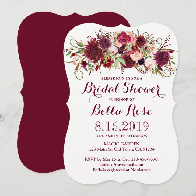 Marsala Red Burgundy Chá de panela Floral Convite (Frente/Verso)