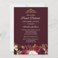 Marsala Red Burgundy Floral Sweet 16 Convite