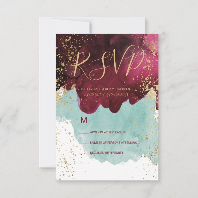 Marsala Red Teal Watercolor Dourada Splash RSVP (Frente)