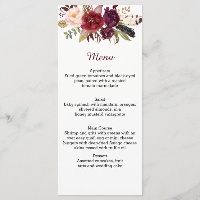 Marsala Red White Roses Boho Feather Menu (Frente)