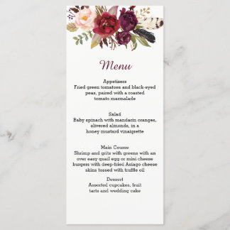 Marsala Red White Roses Boho Feather Menu