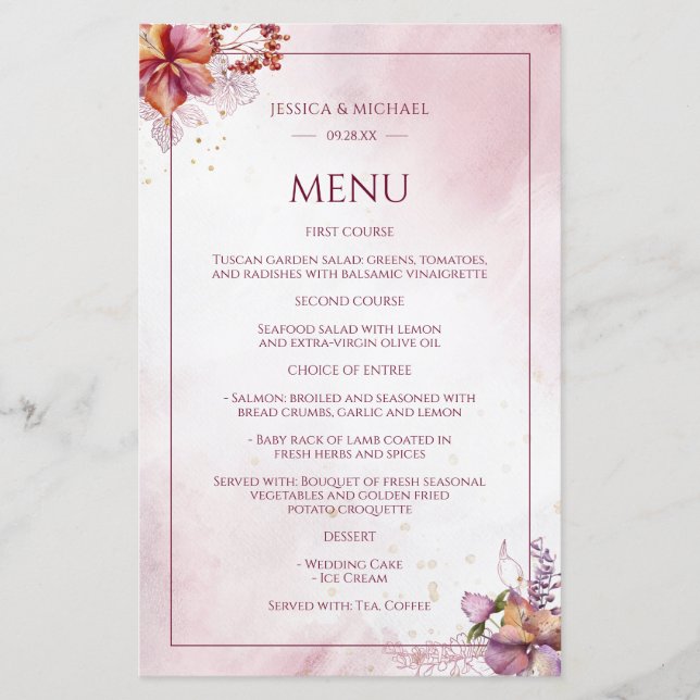 Marsala Rosa Dourado Watercolor Menu Elegant Weddi (Frente)