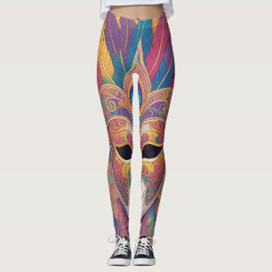 Máscara Colorida de Penas Mardi Gras sobre Legging