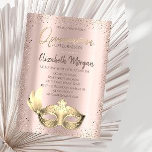 Máscara, Convite Quinceañera Rosa Dourado Confete