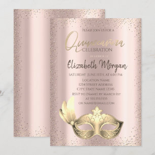 Máscara, Convite Quinceañera Rosa Dourado Confete
