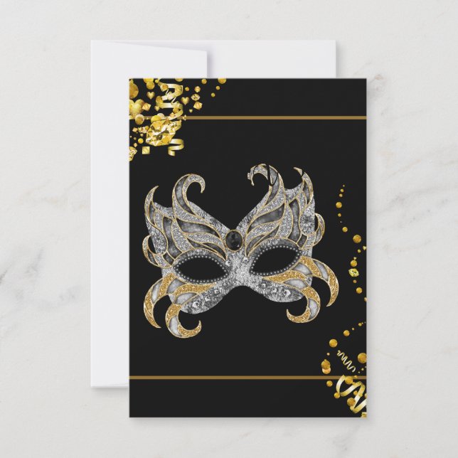 Máscara de Confete Preto Dourado Convite Festa Mas (Frente)