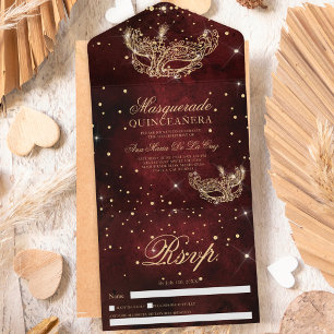 máscara de mascarada dourada quinceanera burgundy