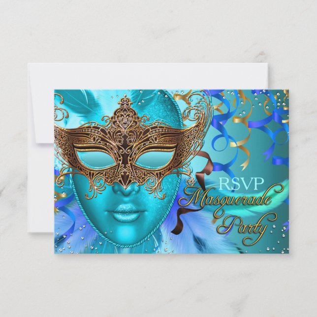 Máscara Dourada Teal Pena Festa de Mascarada RSVP (Frente)
