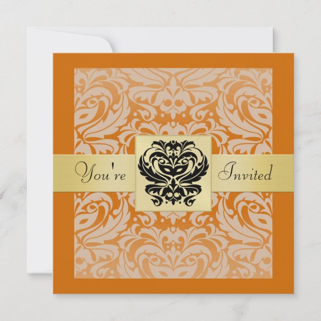 Máscara Laranja Halloween Damask Convite Dourado (Frente)