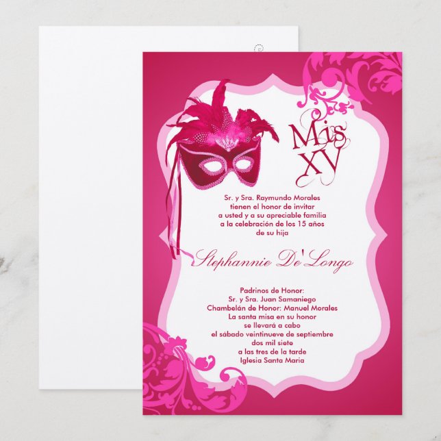 Máscara Rosa de Máscaras 5x7 Convite Quinceanera (Frente/Verso)