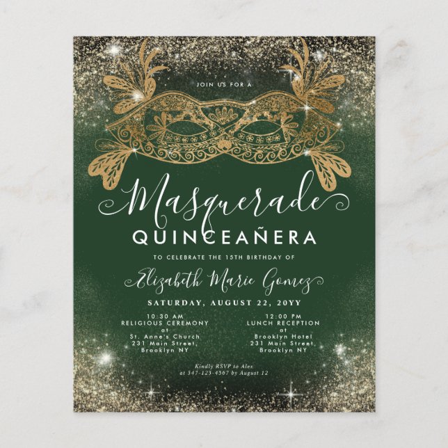 Mascarada barato Emerald Green Dourado Glitter Qui (Frente)