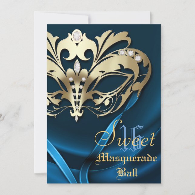 Mascarada Blue Jeweled Sweet 16 Convite (Frente)