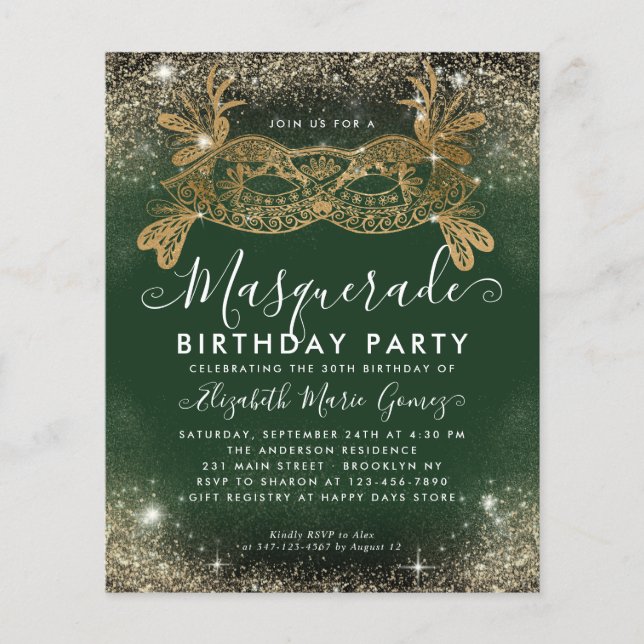 Mascarada de Orçamento Glitter Verde Dourado Glam  (Frente)