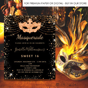 Mascarada de orçamento ouro negro Sweet 16 convite