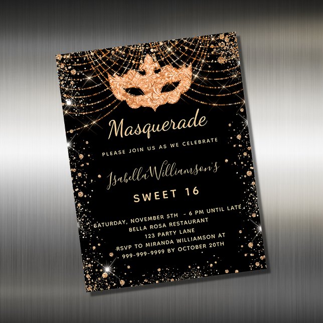 Mascarada de ouro negro Sweet 16 imã de convite (Criador carregado)