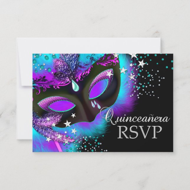 Mascarada de Quinceanera RSVP de Roxo e Teal (Frente)