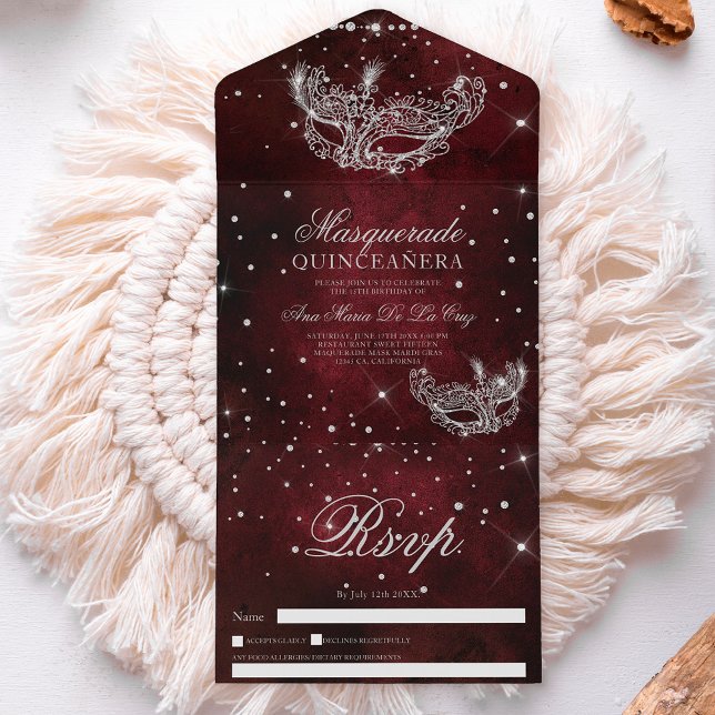 Mascarada disfarce prateado quinceanera vermelho (Masquerade mask silver glitter quinceanera red all in one invitation)