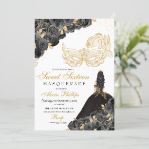 Mascarada Floral Preto e Dourado Doce 16 Convite