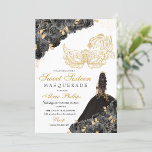 Mascarada Floral Preto e Dourado Doce 16 Convite