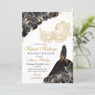 Mascarada Floral Preto e Dourado Doce 16 Convite